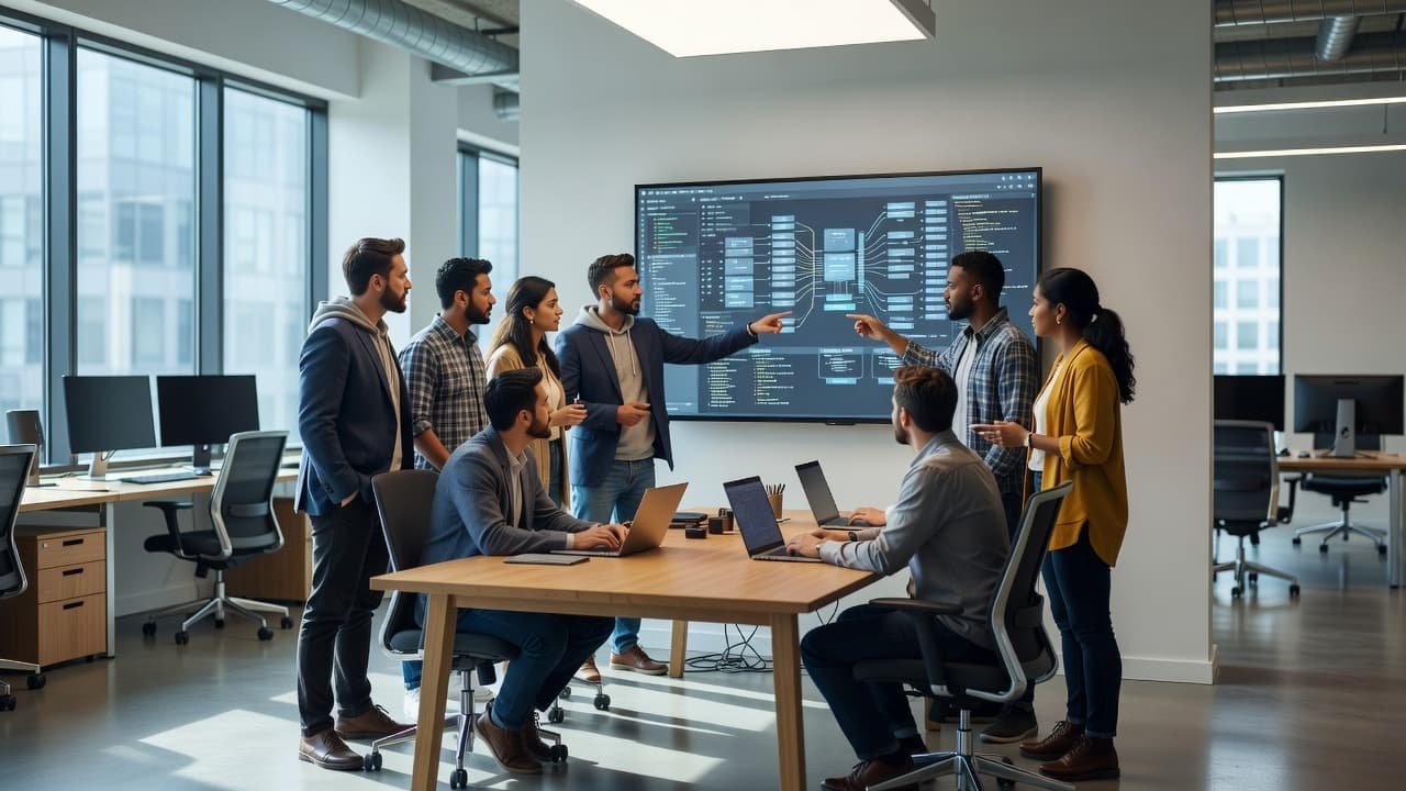 A diverse group of developers stands around a large glowing monitor in a sleek office. They engage in active discussion while pointing at complex lines of code displayed on the screen.