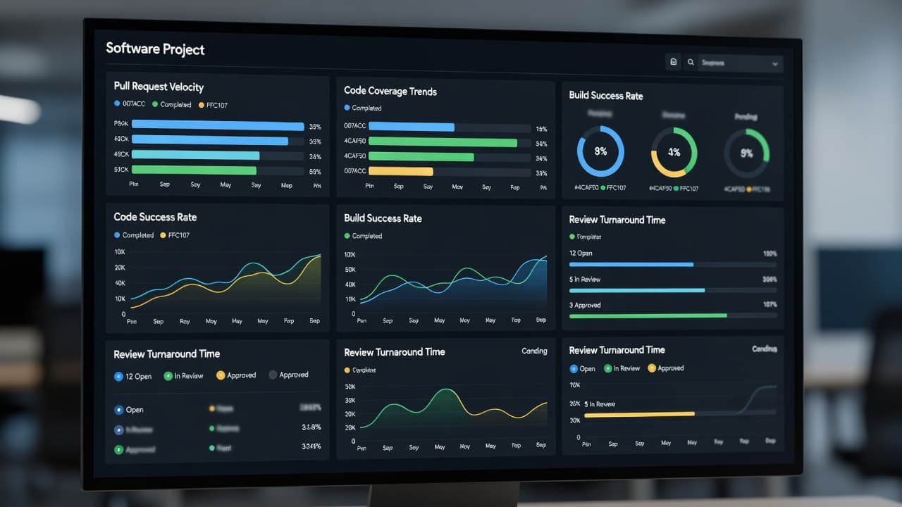 A high-resolution computer monitor displays a sleek user interface featuring various data charts, code review status indicators, and progress bars. The workspace has a professional, soft-focus background with ambient lighting.
