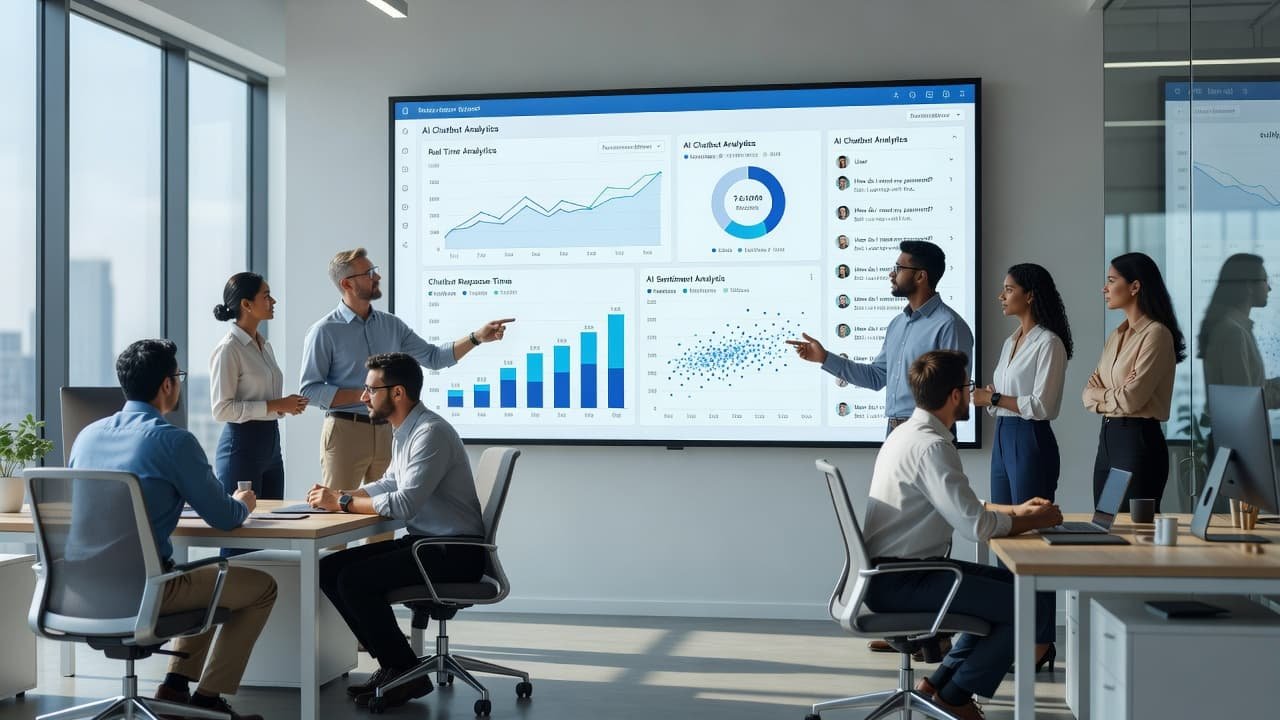 A diverse group of technicians stands before a massive digital display featuring colorful data charts and metrics. They analyze the intricate performance analytics in a bright, contemporary workspace environment.