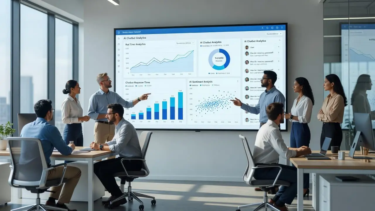 A diverse group of technicians stands before a massive digital display featuring colorful data charts and metrics. They analyze the intricate performance analytics in a bright, contemporary workspace environment.