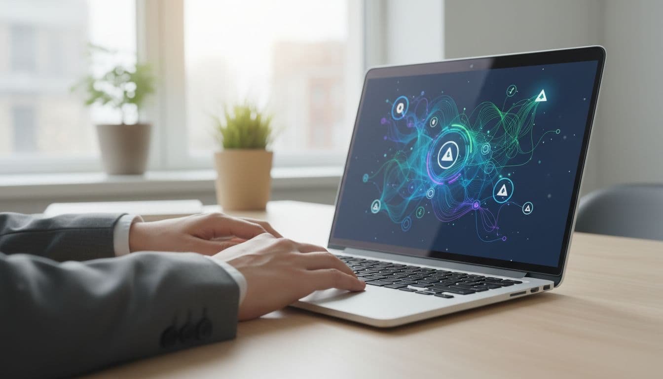 A support agent rests their hands on a desk next to a sleek keyboard. In the background, an out-of-focus monitor displays complex data visualizations and abstract interface icons for collaborative work.