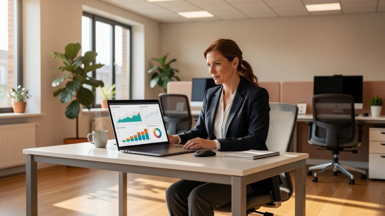 A focused professional sits at a clean wooden desk viewing colorful performance charts on a sleek laptop screen. Warm light streams through a nearby window, illuminating the small, organized office space.