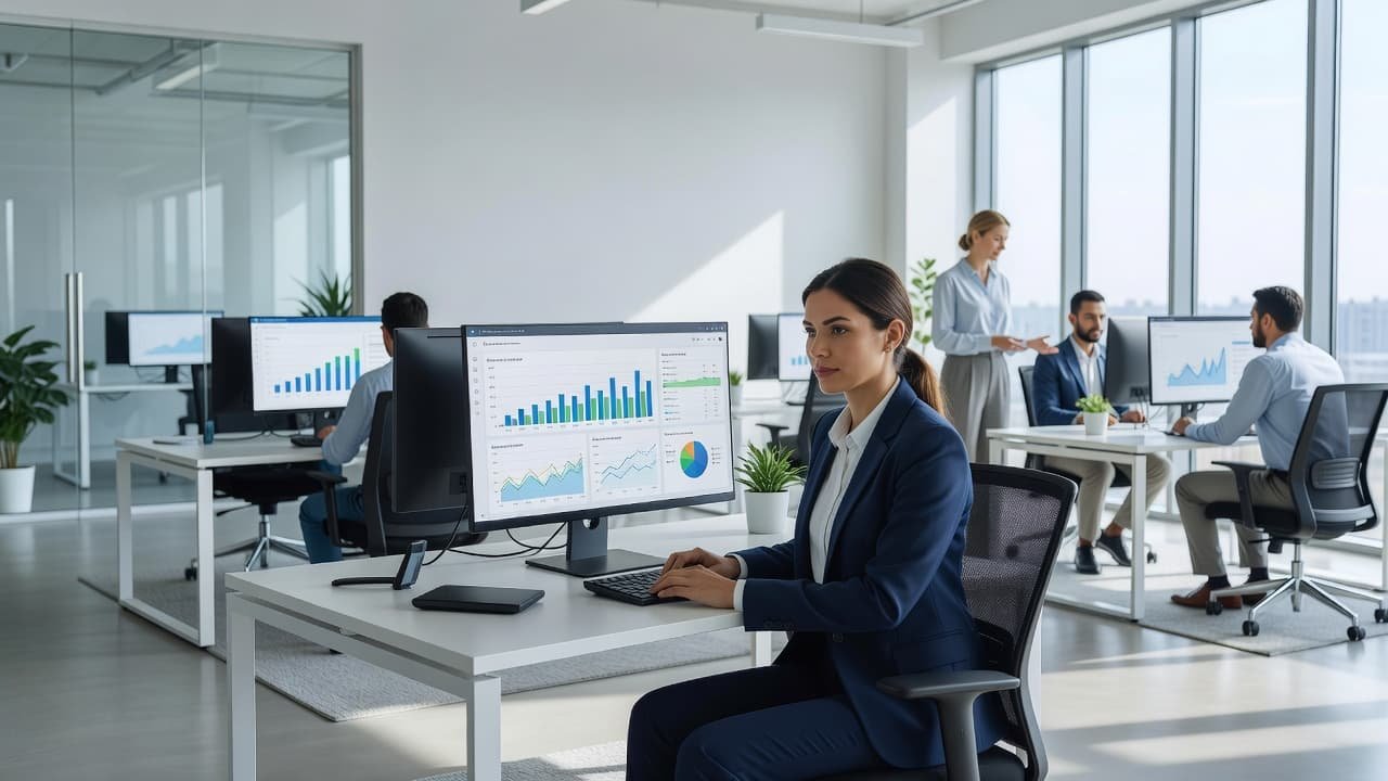 A professional customer service representative sits at a clean workstation viewing a software dashboard on a computer monitor. Other team members collaborate in the background of the bright, modern office space.
