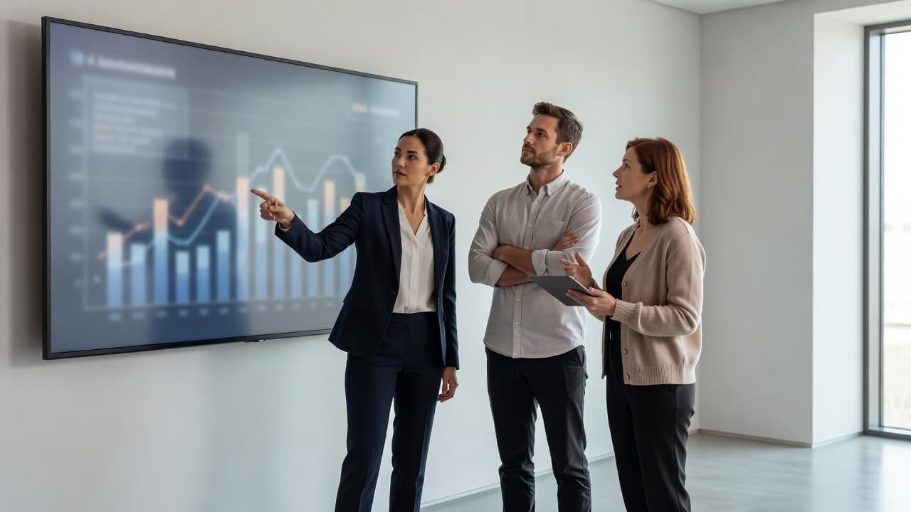Three colleagues stand before a massive wall-mounted display, examining vibrant abstract bar charts and performance trend lines together. The bright professional office setting highlights their focused and collaborative working dynamic.
