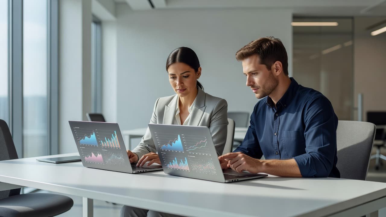 Two professionals sit at a clean desk analyzing digital data charts on their laptops. Bright natural sunlight streams into the organized office, highlighting their focus on search engine keyword research strategy.