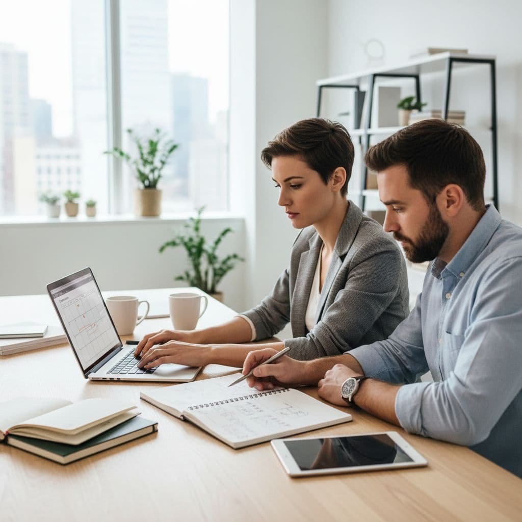 Two professionals sit at a light wooden table reviewing digital and paper notes together. Their bright office features soft, natural light and a clean, minimalist aesthetic suitable for business planning.