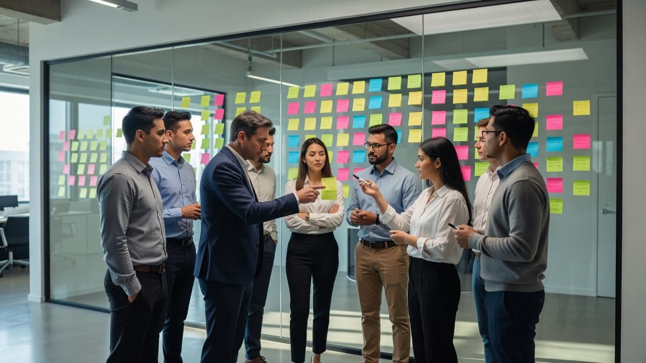 A diverse group of professionals stands before a large glass wall covered in colorful sticky notes. They gesture toward the glass while discussing content strategies in a bright, modern office space.