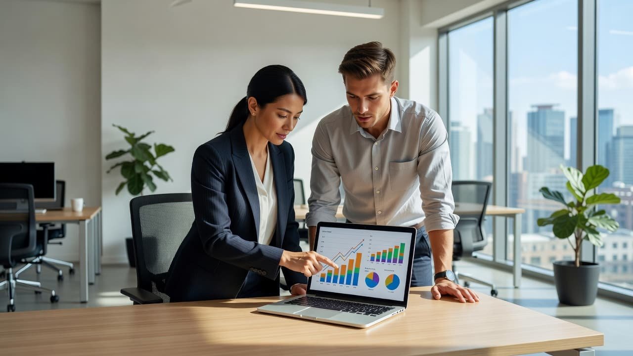 Two professionals sit at a white desk in a sunlit office, leaning toward a laptop screen displaying colorful analytical graphs. A glass partition separates them from the rest of the workplace.