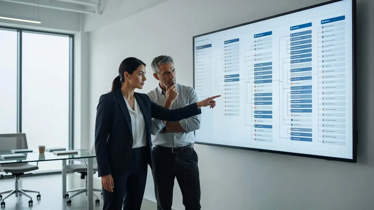 Two colleagues stand before a large wall monitor displaying a structured digital outline. The bright office setting features sleek furniture and glass walls, highlighting their focused collaborative strategy session process.