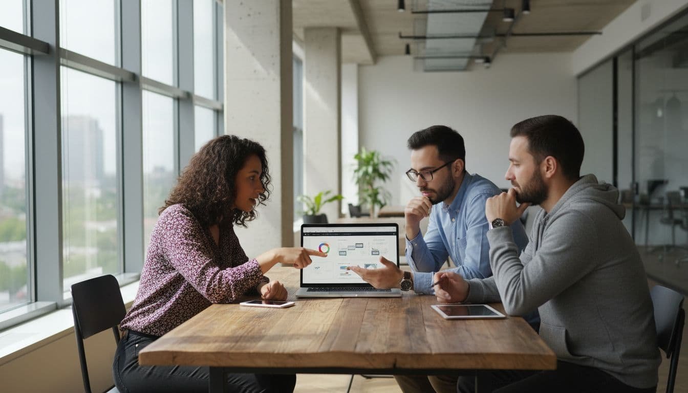 Three diverse developers gather around a wooden table to review project data on a laptop. Bright sunlight fills the modern office, highlighting their professional collaboration on budget and technical planning.