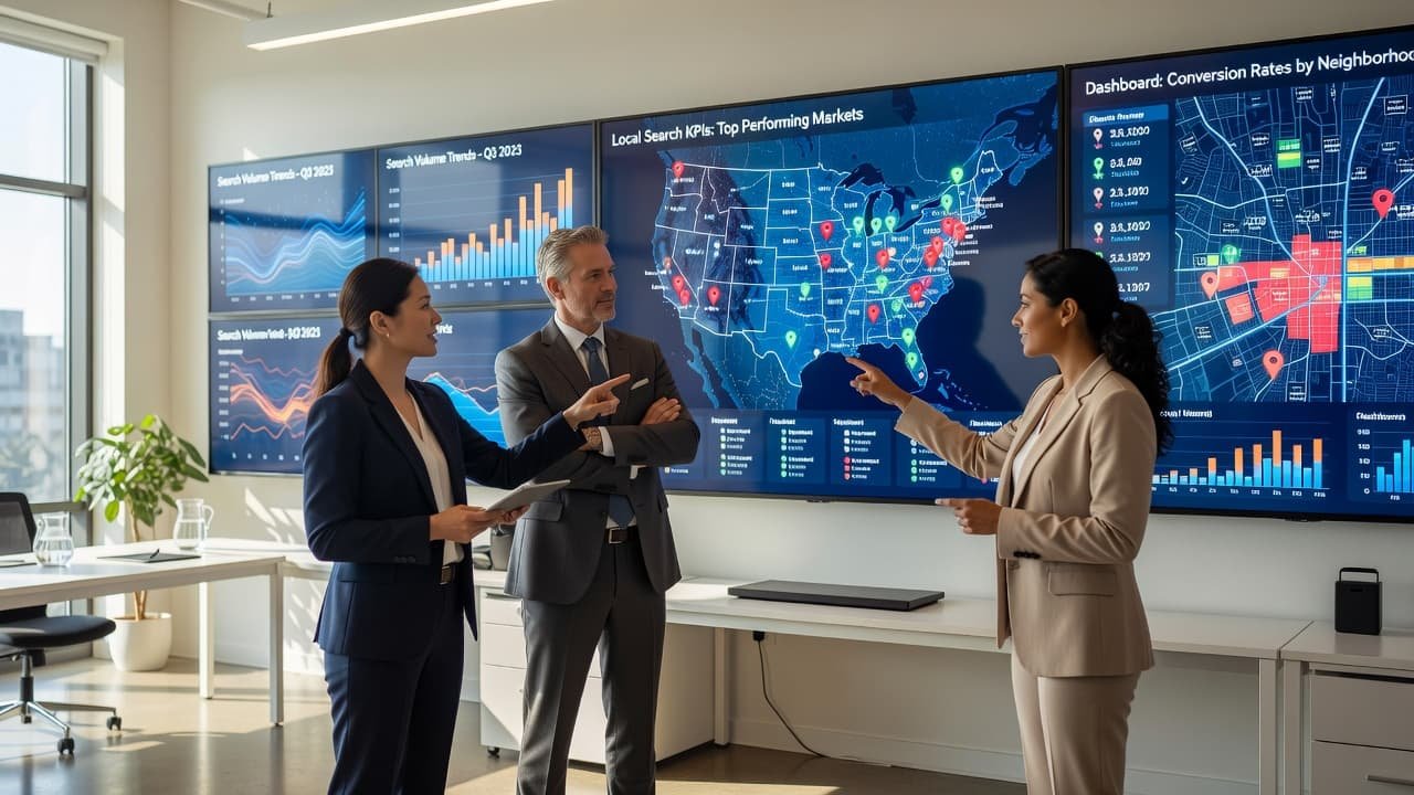 Three professionals stand before large wall-mounted screens that display colorful abstract data visualizations and local city maps. The bright office setting highlights their collaborative effort to monitor marketing performance metrics.