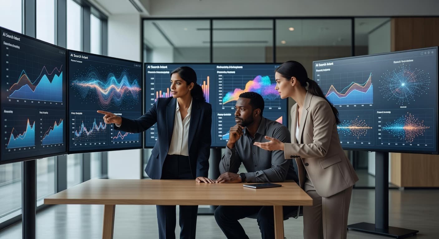 Three colleagues stand before large wall-mounted monitors displaying colorful data visualization graphs. The professional office environment features sleek furniture and soft ambient lighting that highlights their focused collaborative discussion.