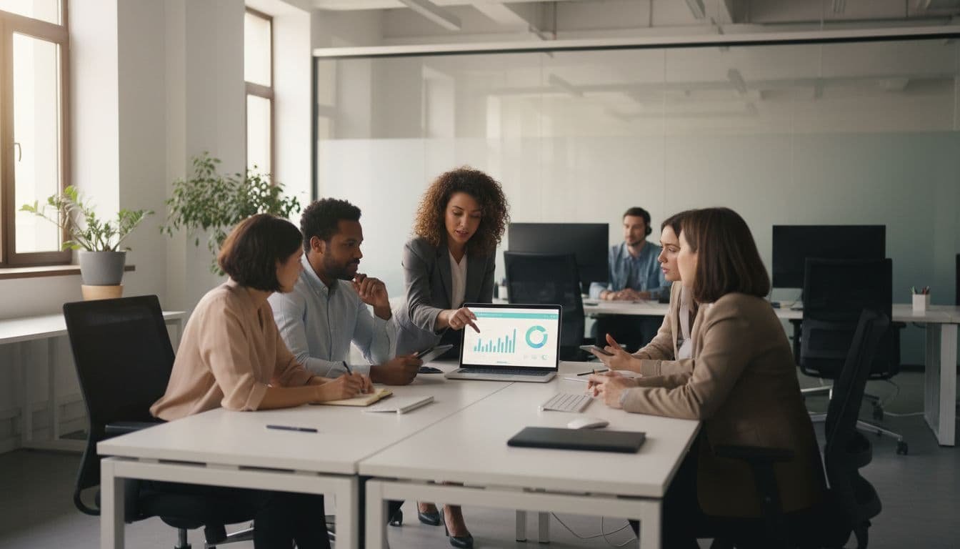 A diverse group of support agents works in a bright, open office space. One staff member focuses intently on a digital dashboard displayed on a laptop, while colleagues discuss active cases.