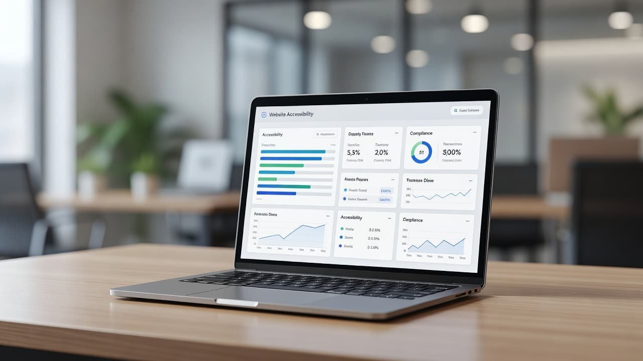A close-up view of a modern monitor displaying a digital accessibility dashboard with various progress metrics and charts. The blurred office background creates a professional and focused atmosphere for web design.