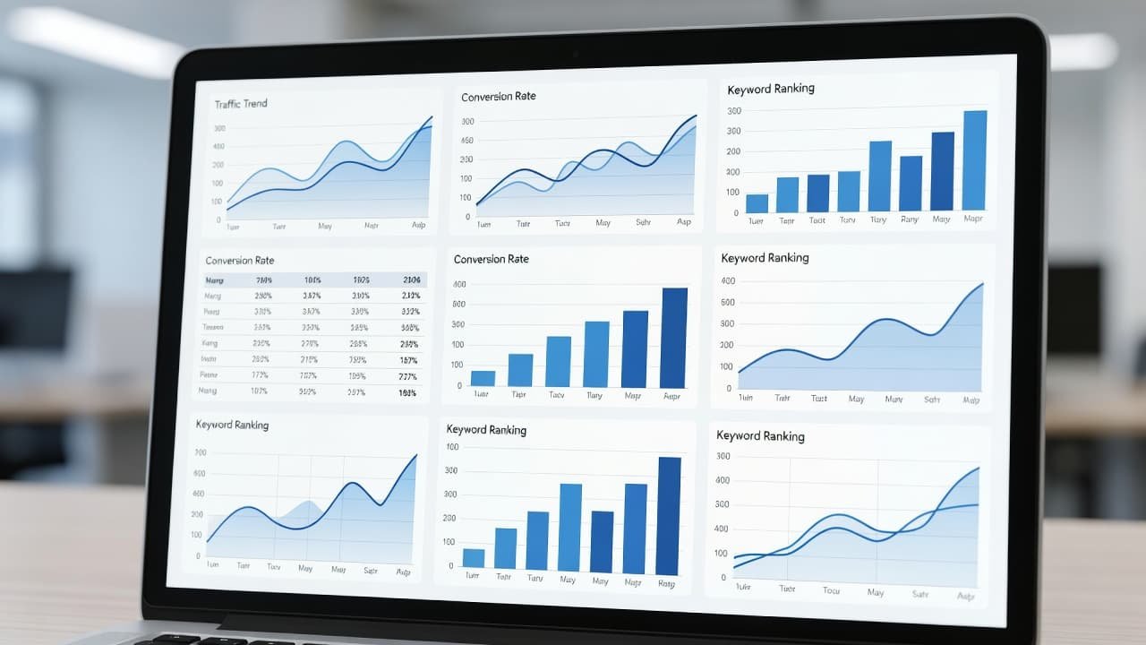 A close-up view shows a laptop screen displaying colorful abstract charts and performance metrics. The bright office lighting highlights the glossy display against a soft-focus background of professional workspaces.