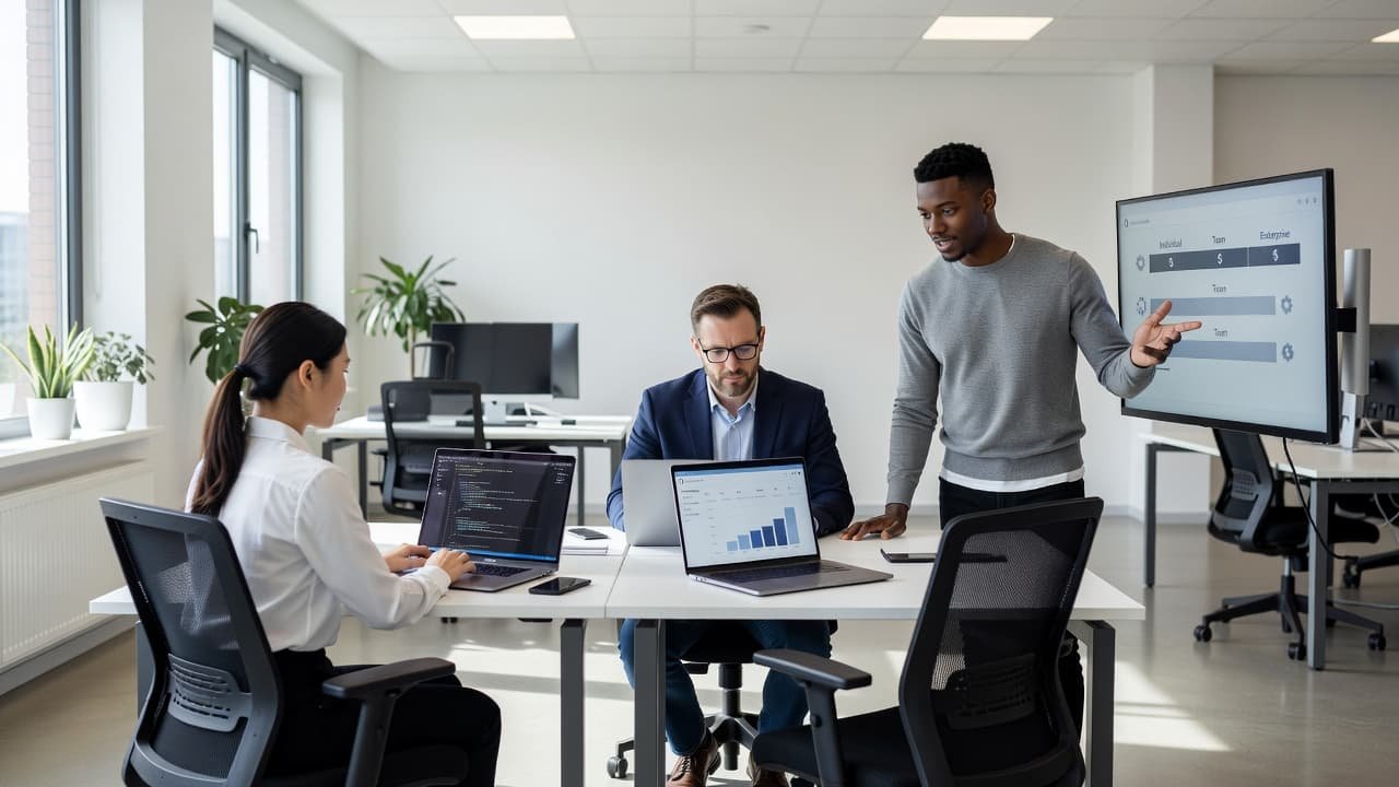 Three developers work on laptops at a clean, white-toned office table. Various code editors are visible on their screens as they collaborate together in a bright, modern, and professional tech workspace.