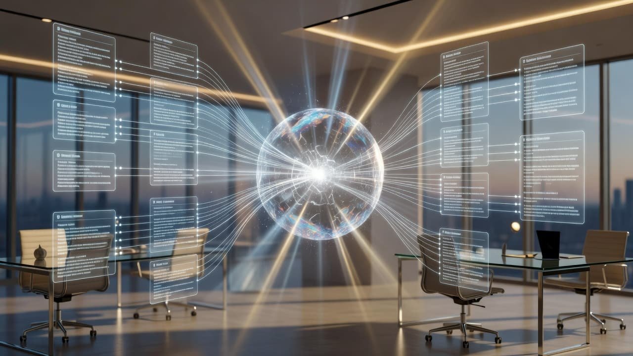 Glowing blue and gold document nodes flow through an office space, converging into a shimmering, fractured core. The complex arrangement of light particles illustrates advanced information synthesis within a professional environment.
