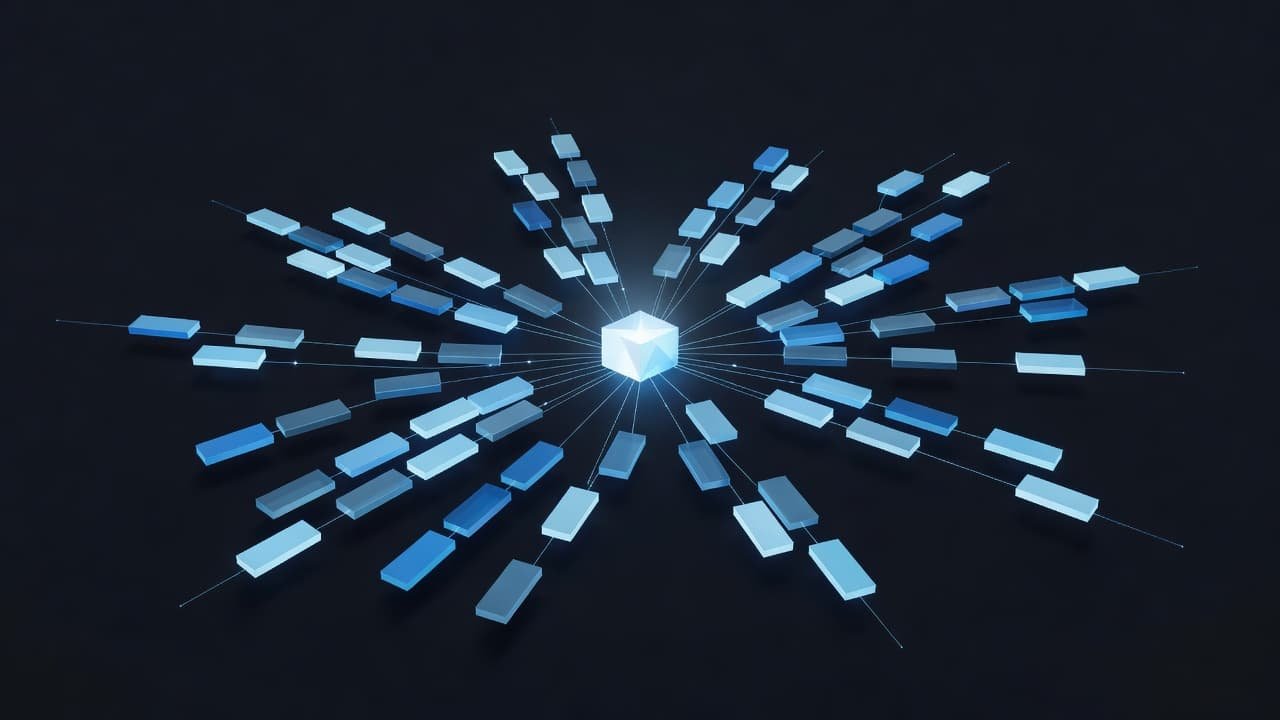Glowing data blocks connect to a central node in a dark digital space.