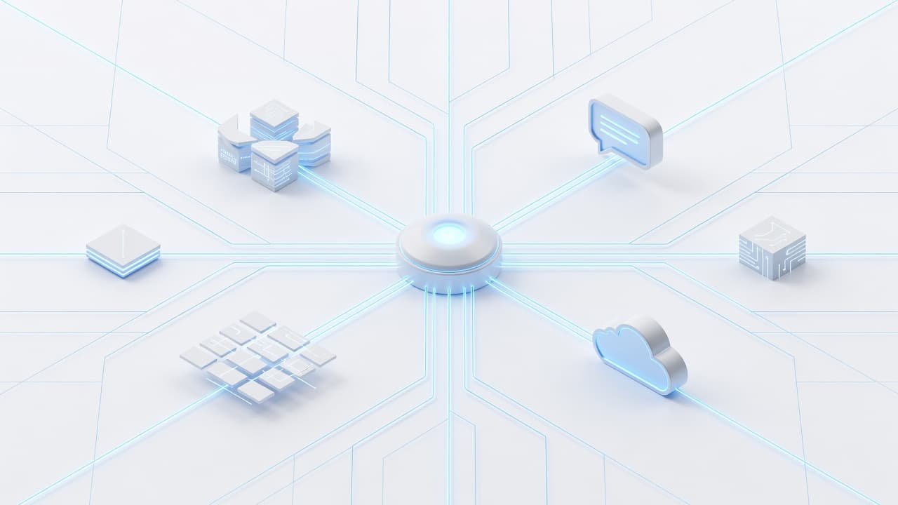 A glowing central core connects to several digital nodes representing various software tools using thin luminous lines. The minimalist design features soft blue accents set against a clean white background.