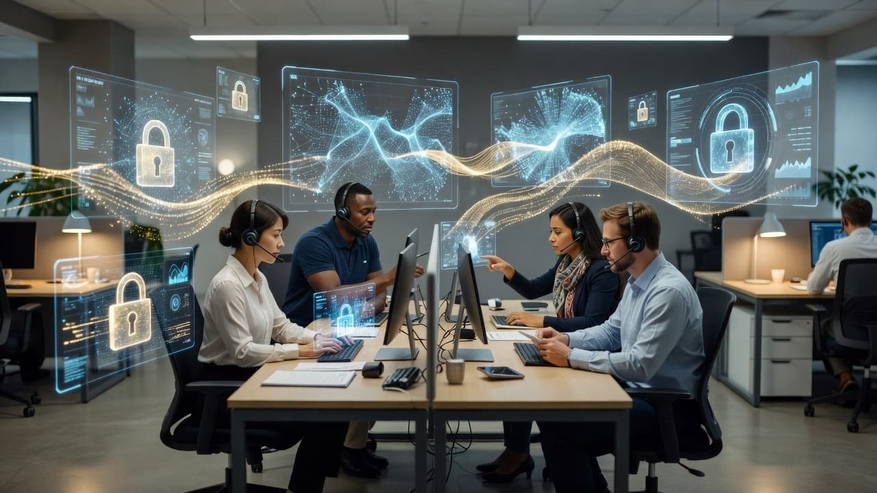 Team members wearing headsets work together in a professional office with floating data graphics.