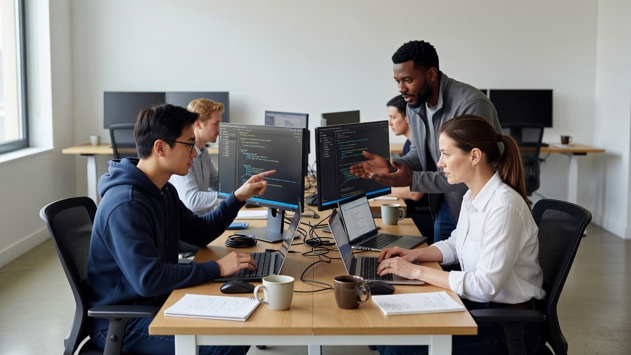 Two software developers sit at a minimalist workstation featuring dual monitors and laptops. They review lines of code together in a sunlit, professional office environment designed for deep focus and productivity.