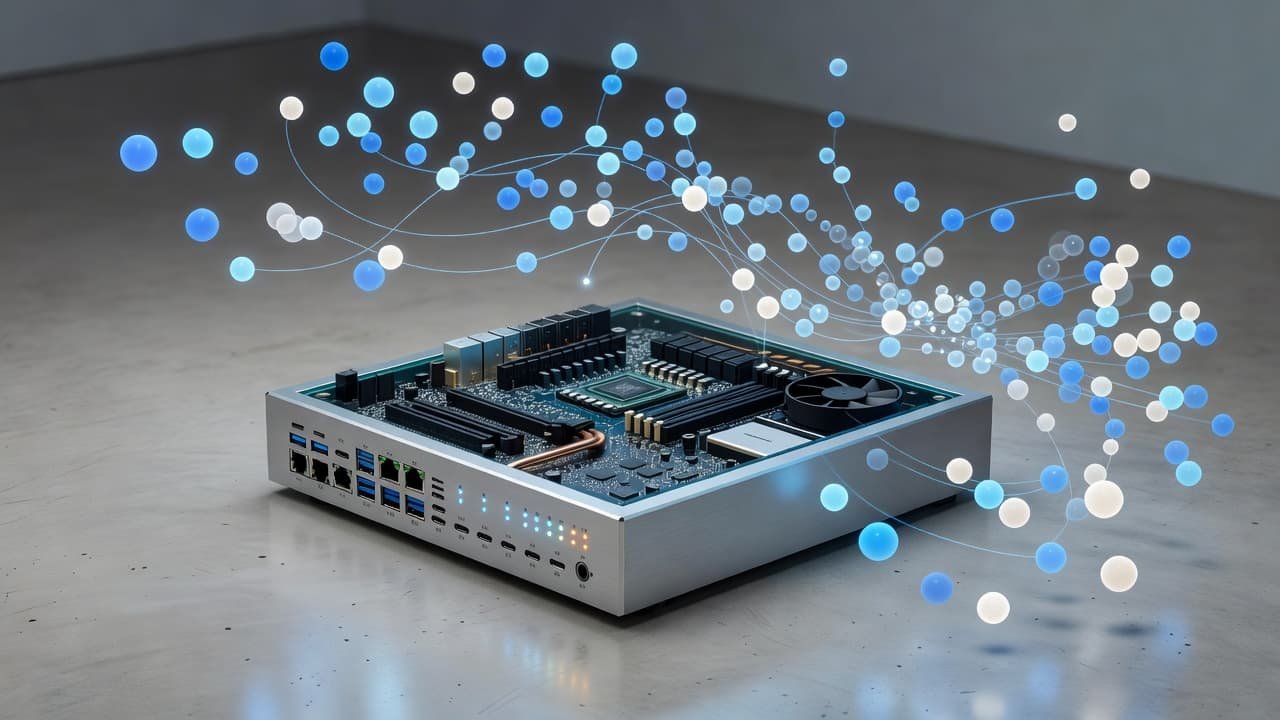 A compact workstation projecting glowing blue data points representing vector embeddings.