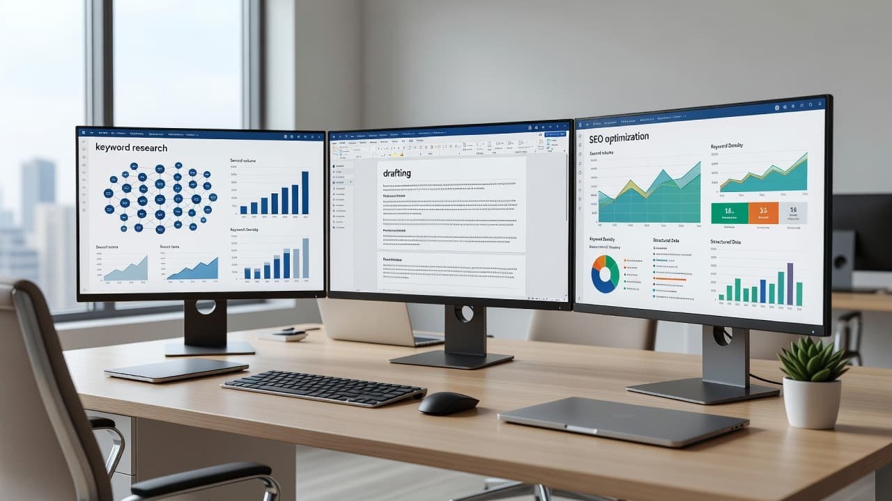 A clean workstation displays digital interface charts for keyword research alongside a drafting notepad. Strategically placed SEO optimization metrics are visible on a laptop screen within a bright modern office.
