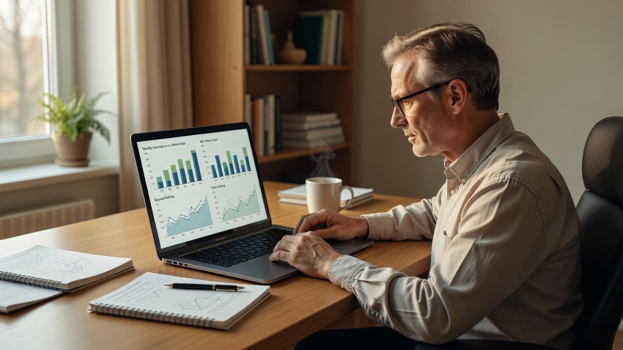 A professional focuses on colorful financial charts displayed on a silver laptop screen. Beside the device, a steaming ceramic mug and an open spiral notebook rest on a tidy wooden desk.