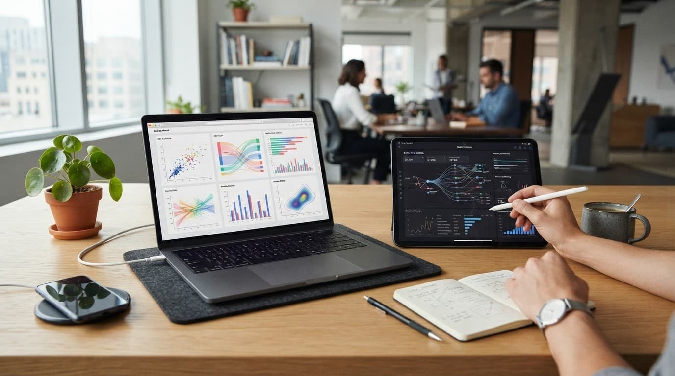 An office desk with a laptop and a tablet showing charts next to a coffee cup.