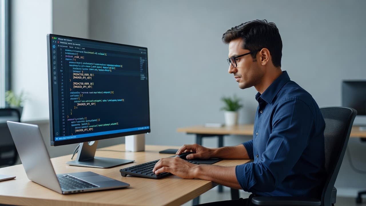 A developer reviewing API logs and code on a clean monitor.