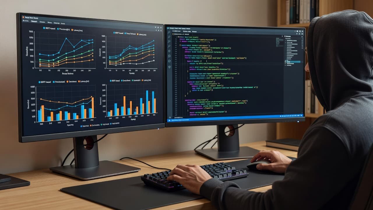 Dual monitors on a desk showing comparison charts and code snippets.