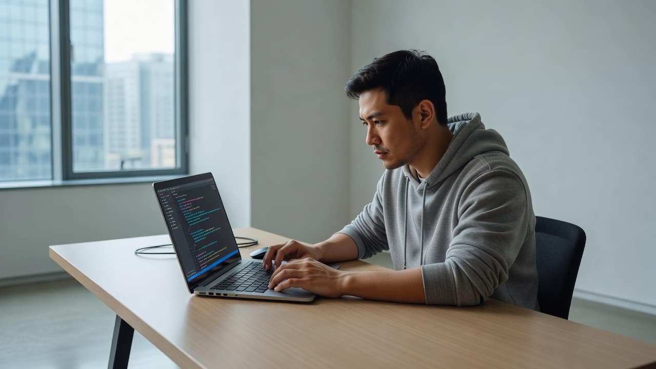 A focused developer sits at a clean desk while viewing lines of code on their laptop. Soft natural light streams through a large window, highlighting the quiet, professional workspace environment.