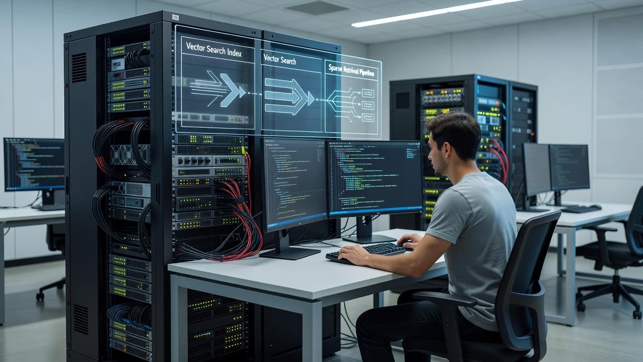 A software engineer typing code on dual monitors at a clean office desk.