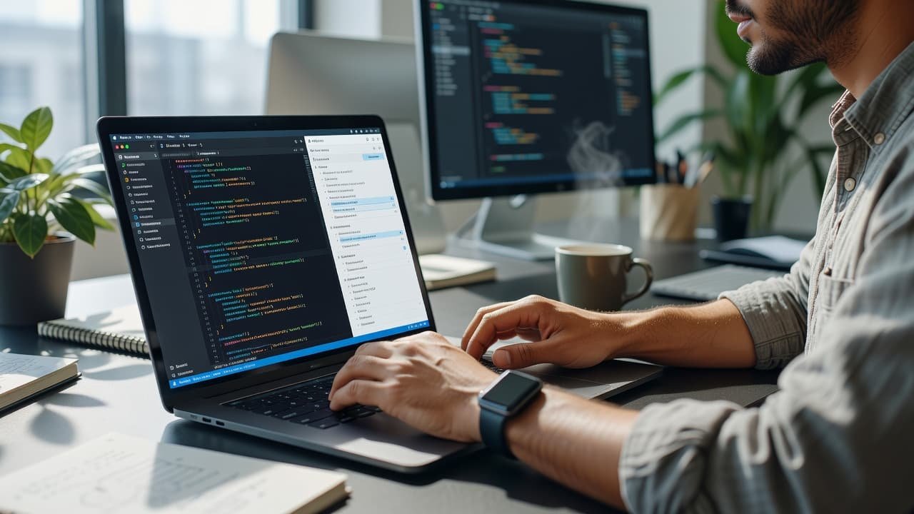 A focused developer works on a laptop featuring a split-screen code editor under bright natural lighting. The composition highlights the sharp edges of the keyboard and the sleek monitor display frame.