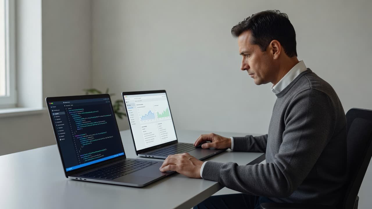 A professional sits at a minimalist wooden desk featuring two laptops positioned side by side. Soft natural sunlight illuminates the clean workspace, highlighting the focused examination of screen interfaces during development.