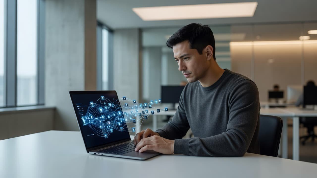 A developer sits at a clean desk, focused on a complex node-based automation workflow displayed on a high-end laptop. Soft ambient light illuminates the modern workspace and the surrounding minimalist office environment.