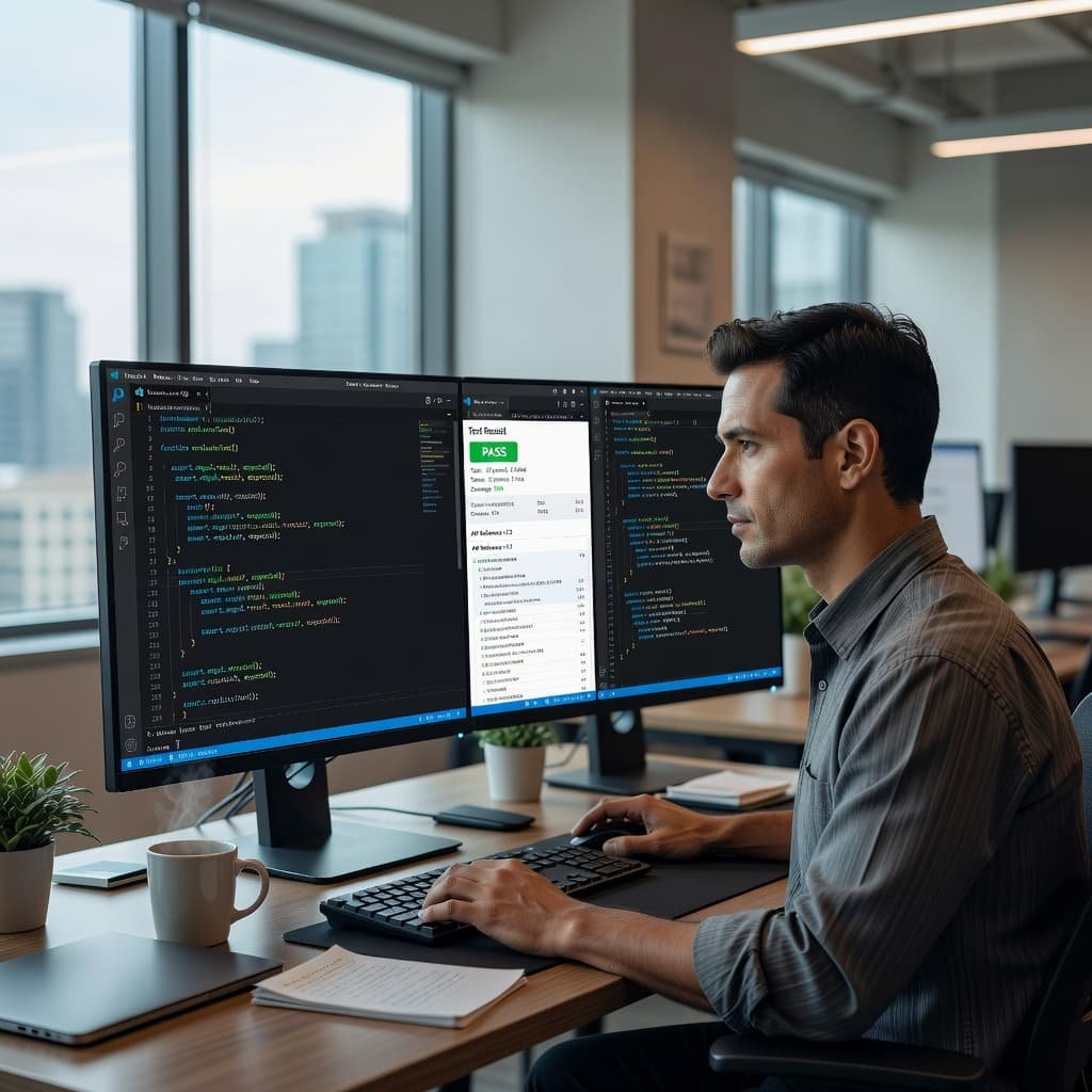 A developer monitors code and test results on a large screen in a modern workspace.