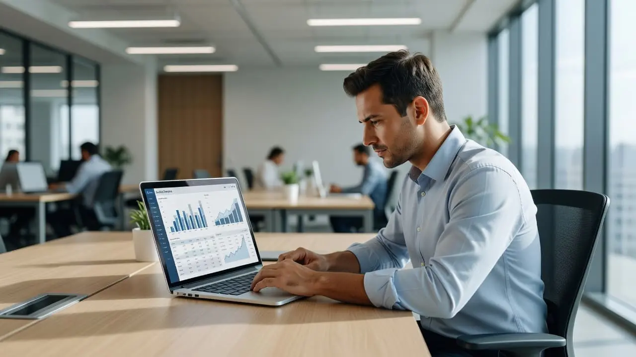 A professional developer sits at a clean workstation, intently studying a complex financial budget dashboard displayed on a bright laptop screen within a contemporary office space bathed in soft ambient lighting.