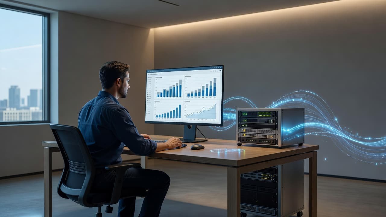 A developer looking at a cost dashboard beside a server rack.
