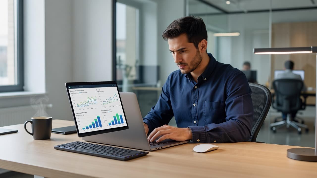 A laptop displaying cloud api performance metrics on a tidy modern desk.