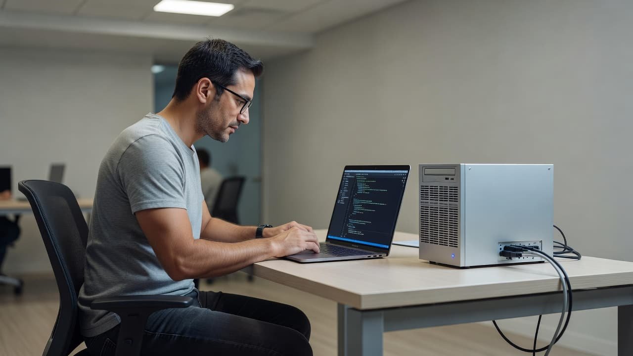 A software developer working on a laptop beside a compact local server unit.