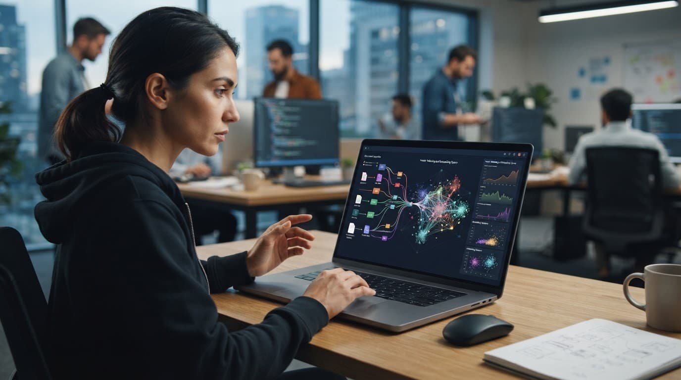 A developer reviewing code and data structures on a laptop screen.