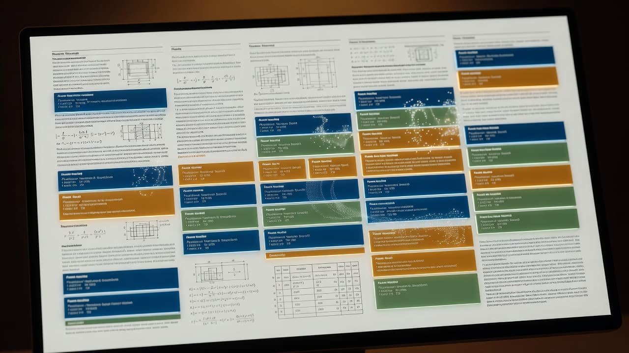 Technical document pages being organized into structured colorful data blocks under soft lighting.