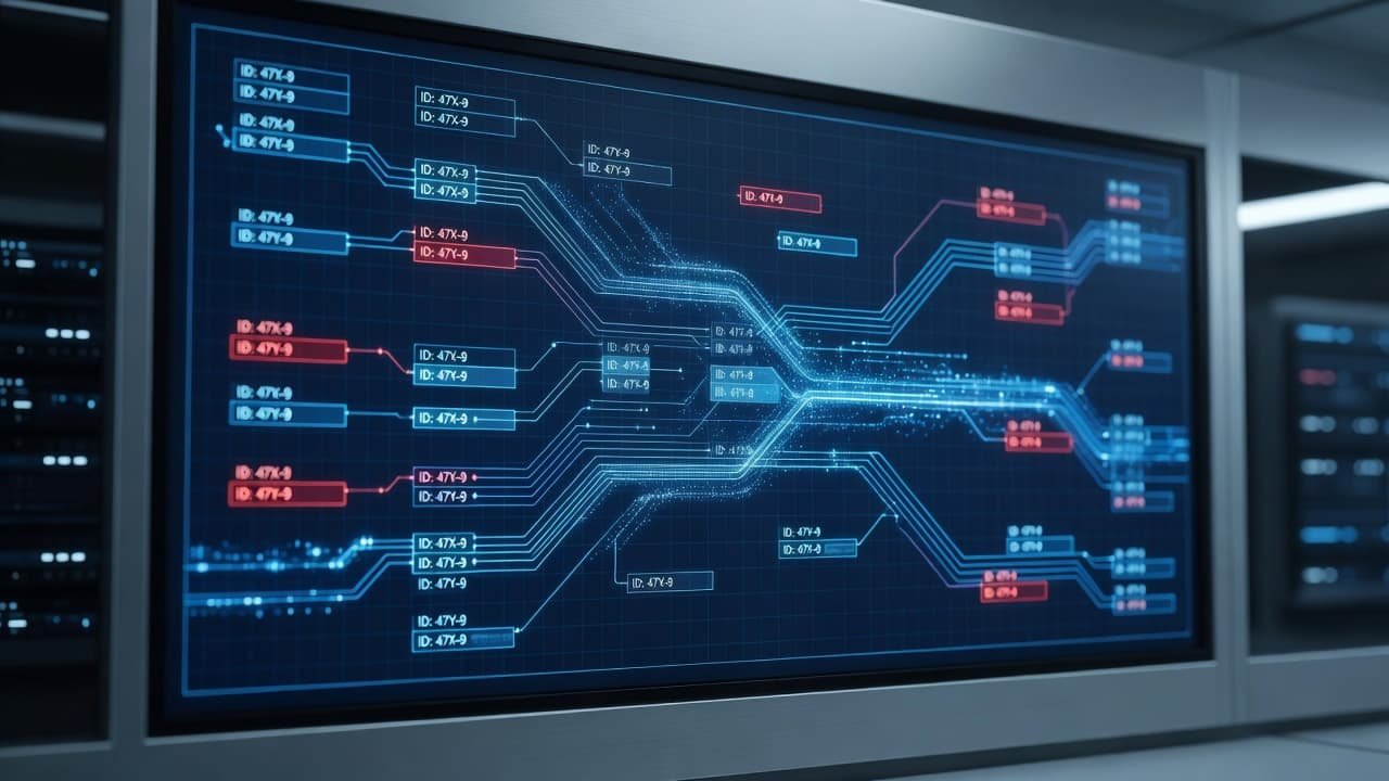 A sophisticated digital dashboard displays complex document analysis workflows with glowing text streams. Red highlights illuminate specific data discrepancies within the interface to alert users of potential accuracy gaps in processing.