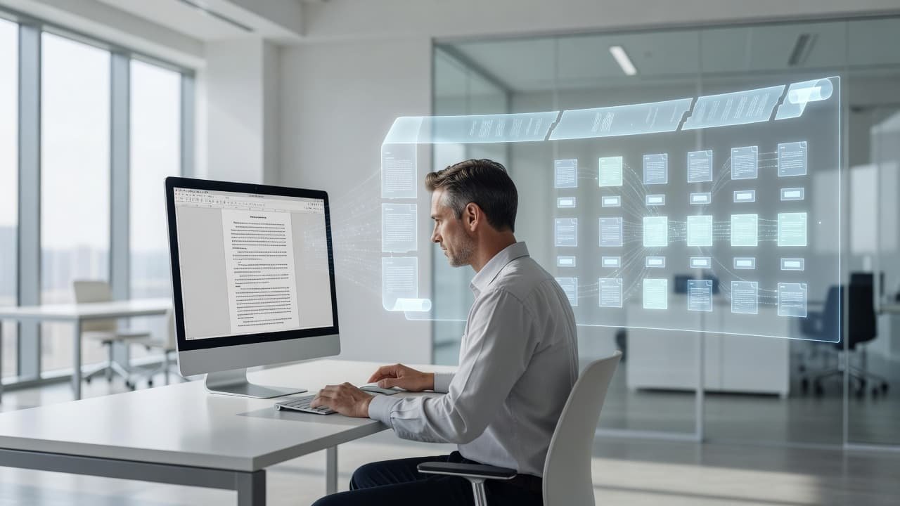 An engineer reviews a document on a computer screen next to a holographic display of organized data segments.