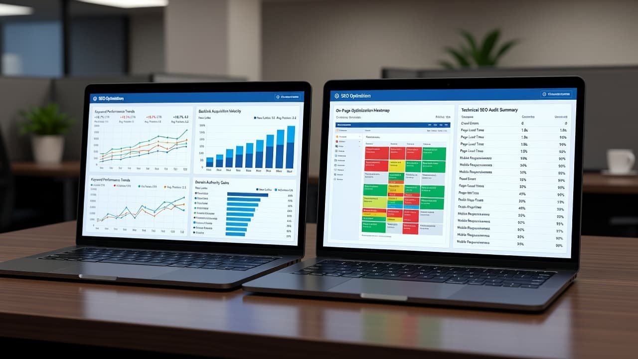 Two professional laptops sit side-by-side on a textured wooden desk displaying complex data-rich interface charts. Soft ambient lighting highlights the screens while the background remains softly blurred for focus.