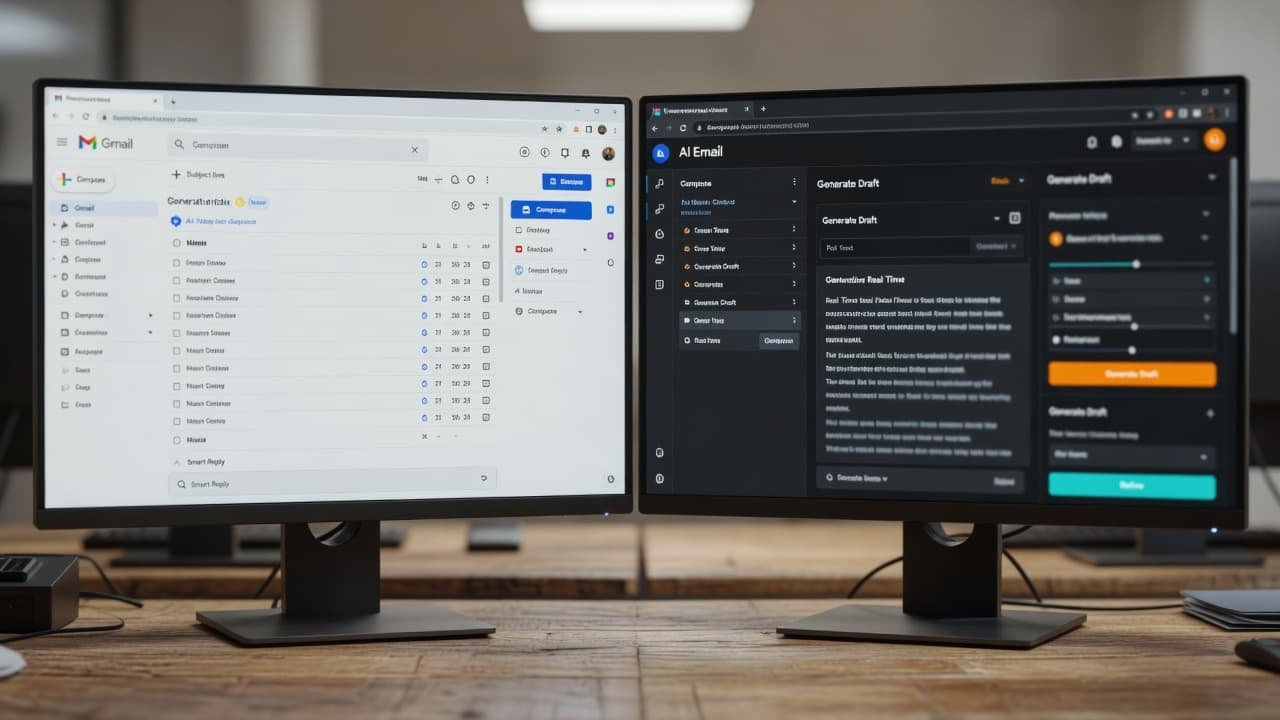 Two computer monitors sit side-by-side on a dark wooden surface. The screens display distinct interface layouts for professional communication, while soft ambient office lighting highlights the matte textures of the hardware.