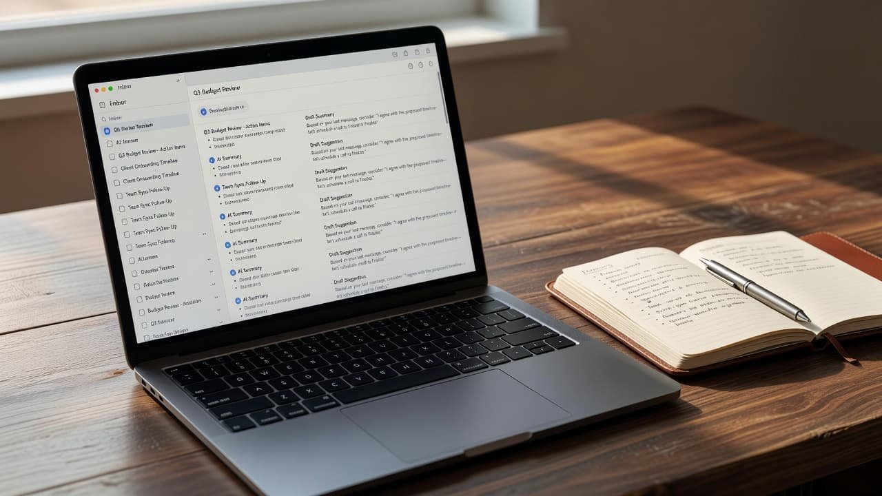 A close-up view of an open laptop screen displaying a clean email inbox. Beside the computer rests a leather notebook on a mahogany desk illuminated by warm afternoon light.