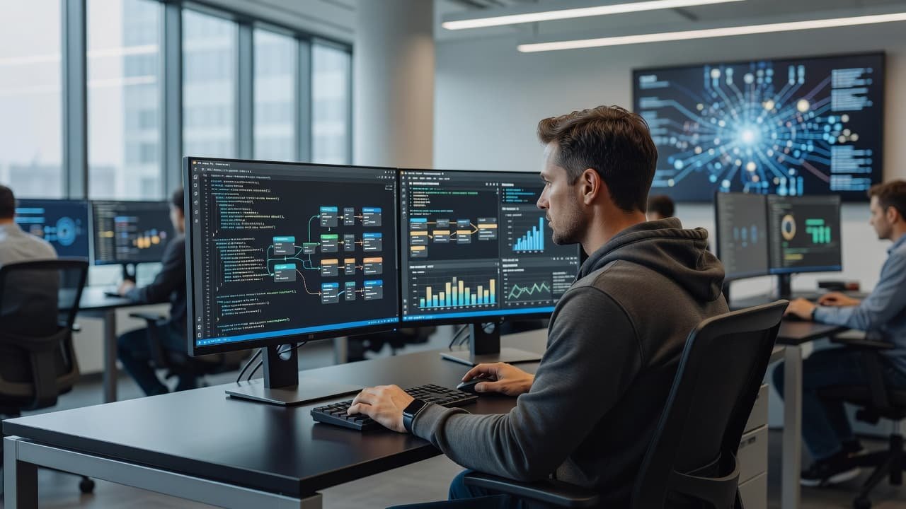 An engineer monitors AI agent code on dual screens in a modern tech office.