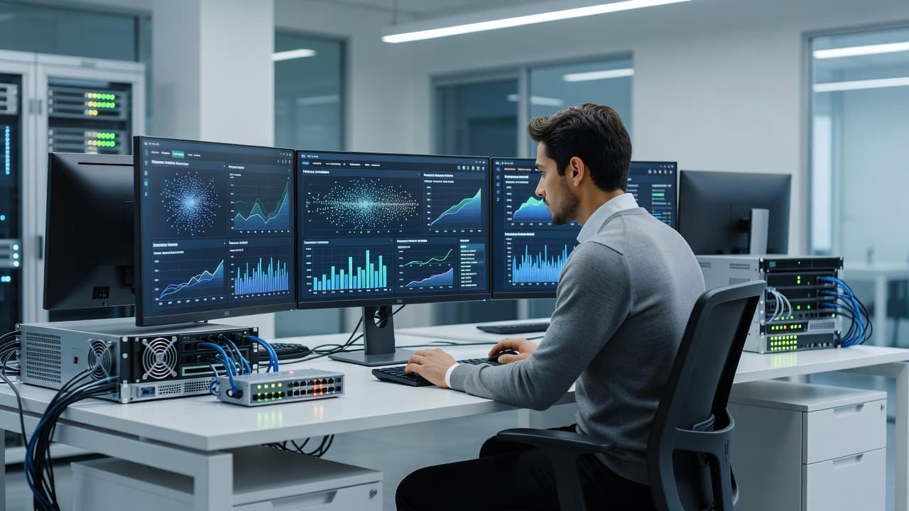 An engineer analyzing search metrics and retrieval pipelines on a glowing office monitor.